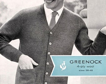 1950's V Neck Cardigan INSTANT Download Vintage Knitting Pattern Greenock 727 Man's Classic Cardigan in 4 Ply, 38 to 48 Chest