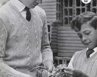 1950s Cable Knit Pullover or Vest / Cricket Jumper for Children, PDF Download of a Vintage 4 Ply Knitting Pattern. Greenock Pattern 392