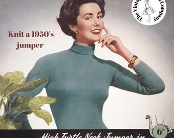 1950's Turtle Neck Jumper 3 Ply Fingering, INSTANT DOWNLOAD, Emu 383, Polo / Roll Neck Sweater. Vintage Knitting Pattern. Bust 34, 36, 38