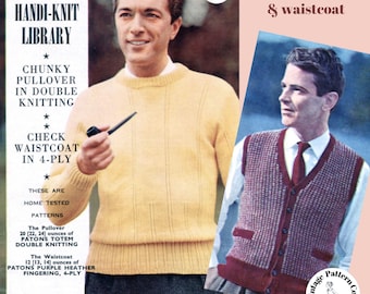 1950's Chunky Pullover or Checked Waistcoat for Men, Instant Download of a Fifties Vintage Knitting Pattern, Sizes 36/38, 40/42, 42/44