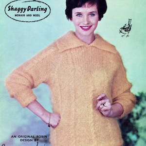 May include: A vintage magazine cover featuring a woman wearing a yellow mohair and wool sweater. The sweater has a collared neckline and long sleeves. The text "Shaggy Darling Mohair and Wool" is at the top. A small bird illustration is on the right.