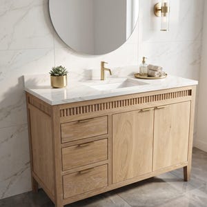 30 or 36 Inch Fluted Single Sink Vanity | Modern Organic Japandi Bathroom Cabinet | Custom Reeded Wood Floating Powder Room Vanity