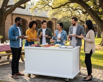 May include: A group of six people enjoying food and drinks outdoors. They are gathered around a white serving table on wheels, laden with various appetizers. The scene is set in a backyard with trees and a brick building in the background.