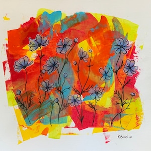 Light blue wildflower painting on abstract background, created on 12x12 inch canvas paper