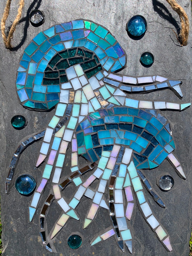 Stained Glass Mosaic art of jellyfish on 8x12 slate roof tile Etsy