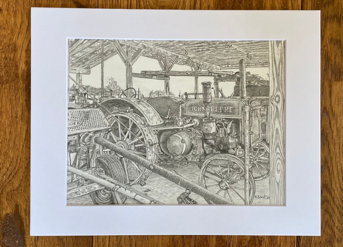 Inside the Old Barn Graphite Drawing Including Old John Deere Tractor ...