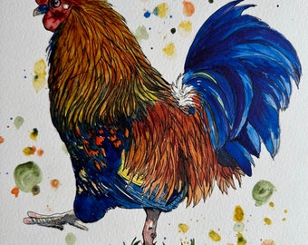 Rooster Watercolor and ink handpainted Art, 9x12” matted