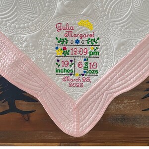 Birth Announcement Baby Girl Quilt, Baby Girl Blanket, Heirloom Quilt, Blanket, Personalized Girl Baby Blanket,Personalized Baby Shower Gift