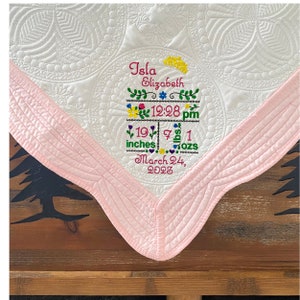 Birth Announcement Baby Girl Quilt, Baby Girl Blanket, Heirloom Quilt, Blanket, Personalized Baby GirlBlanket,Personalized Baby Shower Gift