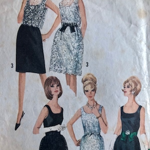 May include: A vintage sewing pattern showcasing four distinct dress styles. The dresses are sleeveless and feature a range of necklines. The pattern provides instructions for creating the dresses in various sizes.