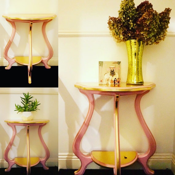 Semi Circular Dusty Pink And Gold Console Table With Curved Uk Gold Console Table With Curved, Pink Console Table Uk