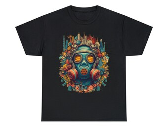May include: Black t-shirt with a colorful illustration of a person wearing a gas mask. The illustration is surrounded by various objects, including buildings, gears, and flowers.
