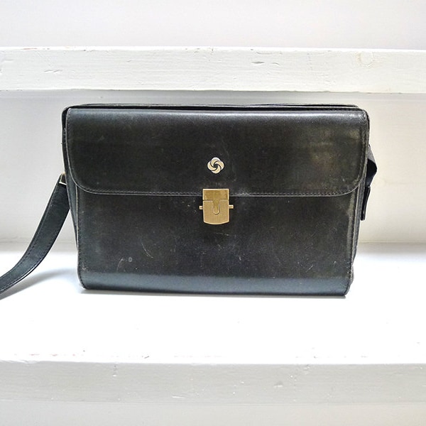 Samsonite Herren 70er Vintage schwarze Ledertasche mit Reißverschluss