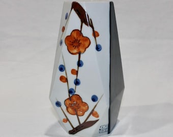 vintage 20th Century vase. Geometric form. Hand-painted cherry blossoms. Japanese or Chinese.