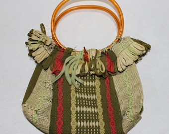 vintage 1940's -50's -Hagewood- Handmade, hand bag. Green & Red w/ Amber handles -Style No. 108. Made in Gatlinburg, TN