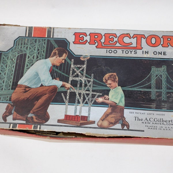 vintage c. 1951 -A.C. Gilbert Co.- 'Erector' set No. 6 1/2, includes original box & pamphlet, electric motor and a variety of parts.