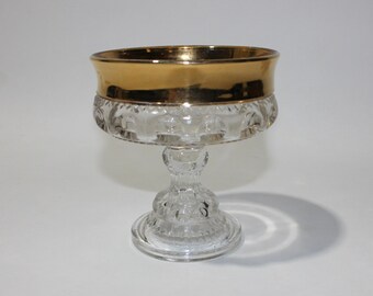 vintage 50's - 60's Compote or footed bowl. Grandma's candy dish. Colorless glass with Gilt banded rim.
