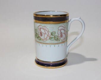 vintage -Limoges- Tall mug with handle. Hand painted Rose pattern with Gilding. Signed 'E Rouch'. Art Nouveau era. Lusterware. France