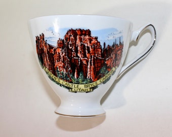 vintage -Taylor & Kent- Souvenir teacup set. Utah landmark tourist attractions: Zion National Park and Bryce Canyon. Gilt accent Bone China.