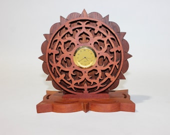 vintage c. 2001 Handcrafted desk clock. Intricate scroll saw work - Walnut and cherry woods. 6" W x 6.25" H
