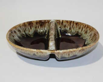 vintage 1960's -1970's ceramic snack or condiment bowl. Two-compartments. Earthy 'running' glaze accent on Brown.