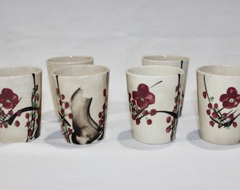 vintage mid-Century Japanese tea cups. Set of six (6) - Hand-painted cherry blossoms.