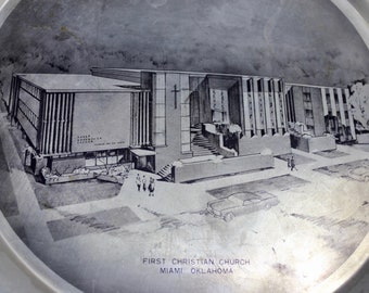 vintage 1950's Aluminum souvenir plate. 'First Christian Church / Miami, Oklahoma' architectural rendering.  11" diameter