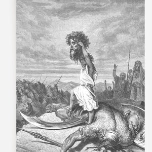 Gustave Dore - David Slays Goliath (1866) - Drawing Photo Poster Print Art Gift Home - Christian Bible Mature Holding Head Up #ATTEMPT2
