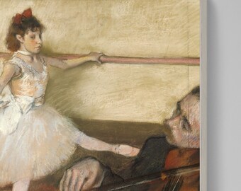 May include: A painting of a young ballerina in a white tutu, practicing with a man playing the violin. The ballerina is wearing a red bow in her hair and is looking at the man. The man is wearing a dark suit and is looking at the ballerina.