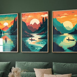 Set of Three Sunset Posters - Mountains and Water Paintings - Kayak and Canoe Art Prints - Futuristic Home Décor Big Moon Sun