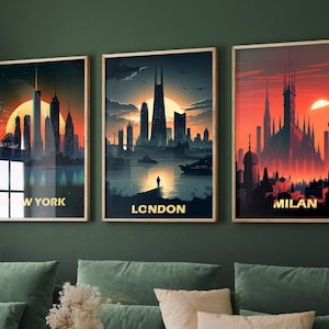 Set of Three Futuristic Skyline Prints - 3 Paintings Photo Poster Wall Art Gift Giclée Museum Quality - New York, London, Milan, Sci-Fi #V3