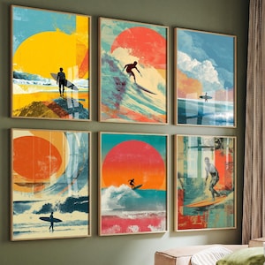 May include: Six framed art prints featuring surfing scenes with vibrant colors. Each print showcases a surfer riding a wave under a large sun, with a retro, vintage aesthetic. The color palette includes shades of yellow, orange, blue, and teal.