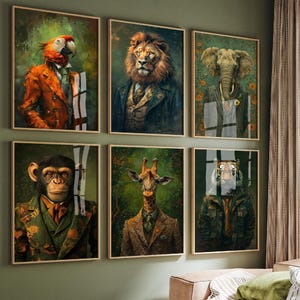 May include: Six framed animal portraits in a living room setting. The portraits feature a parrot, lion, elephant, monkey, giraffe, and tiger, each dressed in formal attire. The artwork has a vintage, painterly style with rich colors.