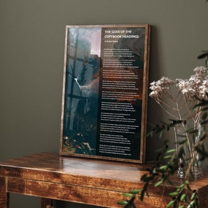 May include: A framed print with a dark blue and orange background featuring a poem titled "The Gods of the Copybook Headings" by Rudyard Kipling.