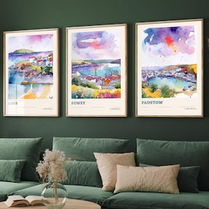 Ensemble de trois affiches aquarelles vibrantes des Cornouailles - Looe, Fowey, Padstow Art Prints - Peintures colorées et audacieuses - Lot de 3 décorations murales pour la maison