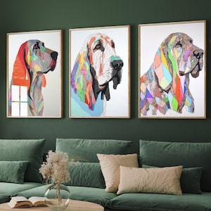 THE BLOODHOUND COLLECTION - Set of Three Dog Prints - Vibrant Patchwork Portraits - Home Wall Decor Canine Artwork Art Poster Painting #V2
