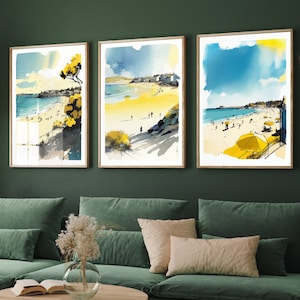 Aquarelles de Cornouailles en jaune et bleu - lot de trois impressions d'art - affiches de Falmouth, Padstow et Penzance - tableau de plage - lot de 3