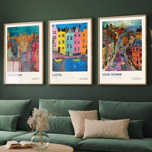 Lot de trois affiches de voyage d'Édimbourg - vieille ville, Leith, nouvelle ville - 3 impressions d'art moderne - photo peinture, illustration, cadeau, carte de visite