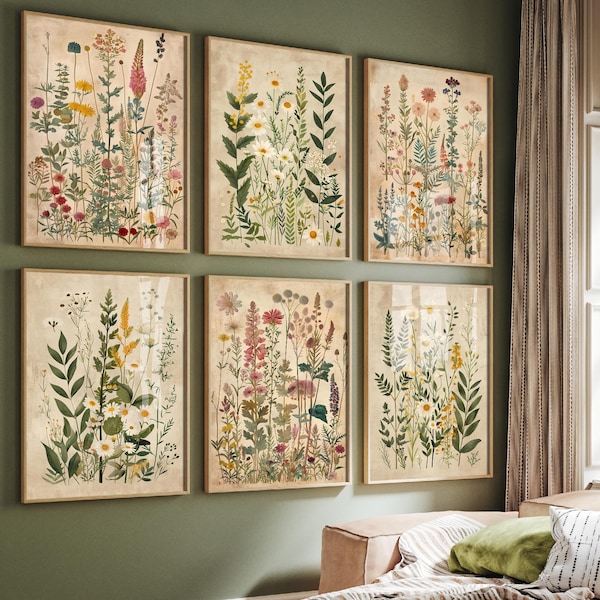 Set of Six Vintage Wildflower Floral Art Prints - Set of 6 Flower Plants Posters - Paintings Photo Wall Gift Ferns Botanical V6 Meadow Chic