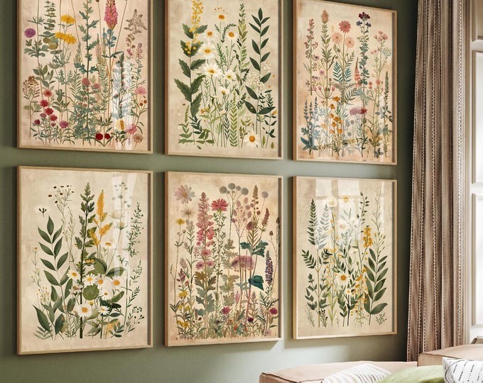 Set of Six Vintage Wildflower Floral Art Prints - Set of 6 Flower Plants Posters - Paintings Photo Wall Gift Ferns Botanical V6 Meadow Chic