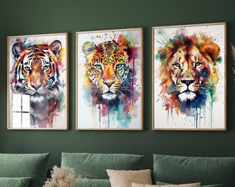 Animal Portraits Set of Three Paintings - Close Up Watercolour Art Prints - Tiger, Leopard and Lion Posters - Safari Africa Cheetah