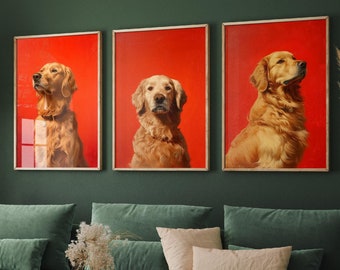 Set of Three Golden Retriever on Bright Red Background Posters - 3 Dog Art Print Paintings Photo Wall Gift - Man's Best Friend Lovers