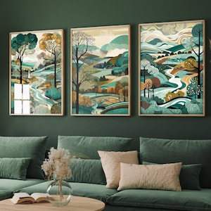 Landscape Illustrations in Teal - Set of Three Abstract Prints - Malham, Yorkshire Poster, Wales Art, Painting Valley Dales