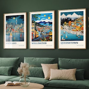 Lot de trois affiches de voyage en Nouvelle-Zélande - Auckland, Wellington, Queenstown - 3 impressions d'art moderne - photo peinture, illustration, cadeau carte Kiwi