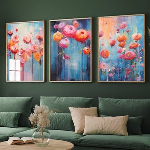 Buttercup Ranunculus Painted in Bold Colourful Brush Strokes - Set of Three Flower Art Prints - 3 Floral Home Wall Decor Posters - Paintings