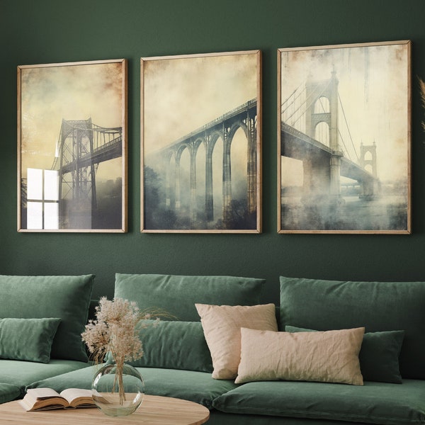 Suspension Bridge Grunge Posters - Set of Three Engineering Prints - 3 Poster, Art, Colourful Painting, Home Décor Wall Gift Gritty Crossing