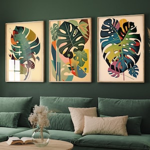 Set of Three Monstera Leaf Paintings - 3 Botanical Art Prints - Photo Poster Wall Gift Giclée - Nature, Foliage, Greenery, Illustration