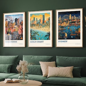 Set of Three Australia Travel Posters - Melbourne, Gold Coast, Sydney - 3 Modern Art Prints - Photo Painting Illustration Gift Map Oz