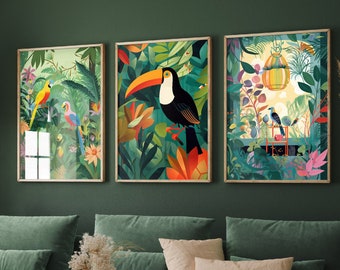 The Botanical Room - Set of Three Bird Prints - Toucan Poster, Parrot Art, Birdcage Painting - Nature Garden Home Décor Wall Giclee