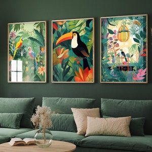 The Botanical Room - Set of Three Bird Prints - Toucan Poster, Parrot Art, Birdcage Painting - Nature Garden Home Décor Wall Giclee